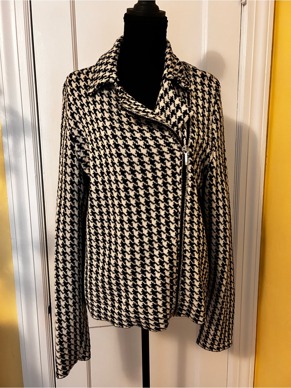 Chaps Woven Houndstooth Asymmetric Zip Jacket - Black & Cream